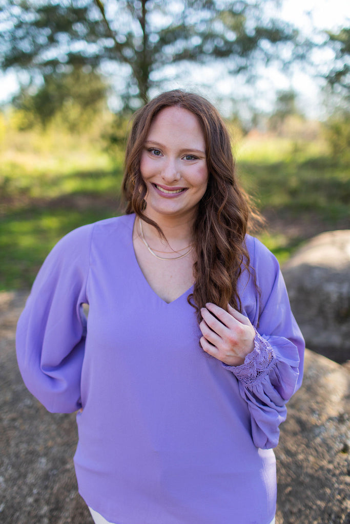Lace Cuff V-Neck Top-Boutique Items. - Boutique Apparel - Ladies - Top It Off - Fashion Tops-Podos Boutique, a Women's Fashion Boutique Located in Calera, AL