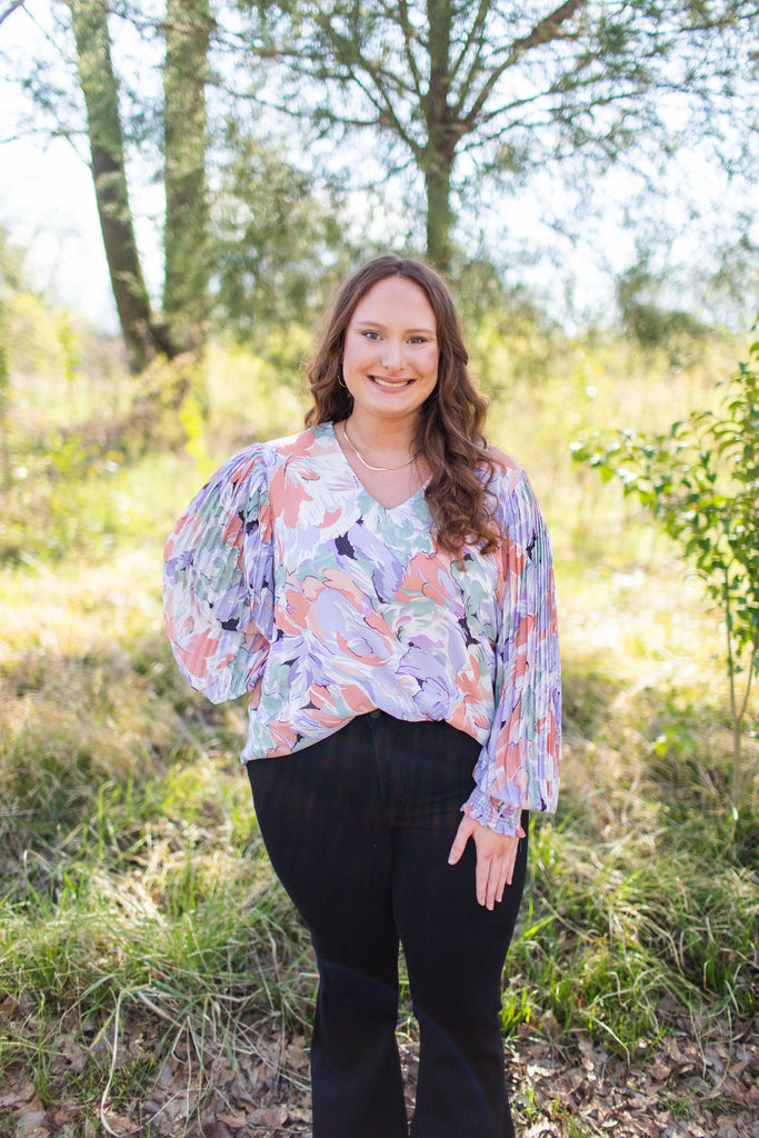 Floral Top Pleated Sleeves PLUS-Boutique Items. - Boutique Apparel - Curvy Style - Tops - Fashion Tops-Podos Boutique, a Women's Fashion Boutique Located in Calera, AL