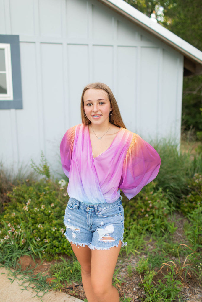 Surplice Sheer Sleeve Bodysuit-Boutique Items. - Boutique Apparel - Ladies - All About the Basics - Bodysuits-Podos Boutique, a Women's Fashion Boutique Located in Calera, AL