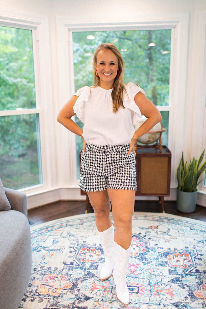 High Waisted Houndstooth Shorts-Boutique Items. - Boutique Apparel - Ladies - Below the Belt - Shorts-Podos Boutique, a Women's Fashion Boutique Located in Calera, AL