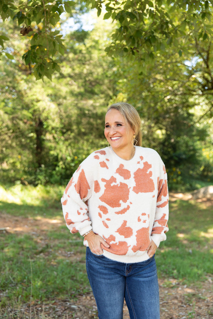 SS Sweater 22 Cow Print-Boutique Items. - Boutique Apparel - Ladies - Top It Off - Fashion Tops-Podos Boutique, a Women's Fashion Boutique Located in Calera, AL