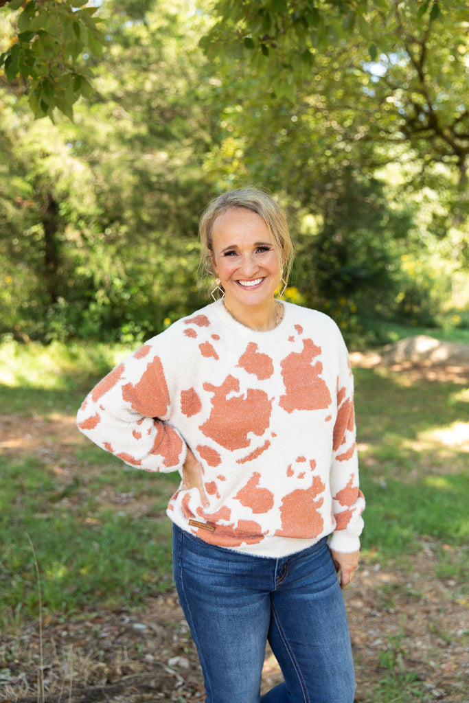SS Sweater 22 Cow Print-Boutique Items. - Boutique Apparel - Ladies - Top It Off - Fashion Tops-Podos Boutique, a Women's Fashion Boutique Located in Calera, AL