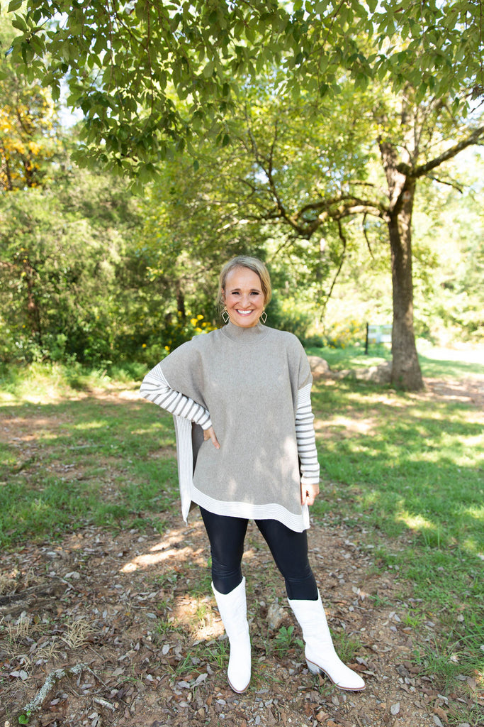 Mock Neck Stripe Sleeve Sweater-Boutique Items. - Boutique Apparel - Ladies - Top It Off - Sweaters-Podos Boutique, a Women's Fashion Boutique Located in Calera, AL