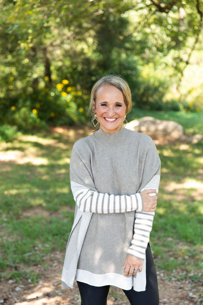 Mock Neck Stripe Sleeve Sweater-Boutique Items. - Boutique Apparel - Ladies - Top It Off - Sweaters-Podos Boutique, a Women's Fashion Boutique Located in Calera, AL