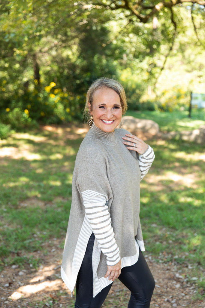 Mock Neck Stripe Sleeve Sweater-Boutique Items. - Boutique Apparel - Ladies - Top It Off - Sweaters-Podos Boutique, a Women's Fashion Boutique Located in Calera, AL